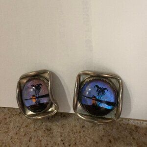 Vintage Earrings Beach Scene Sunset & Palms Iridescent Acrylic Screw On Square
